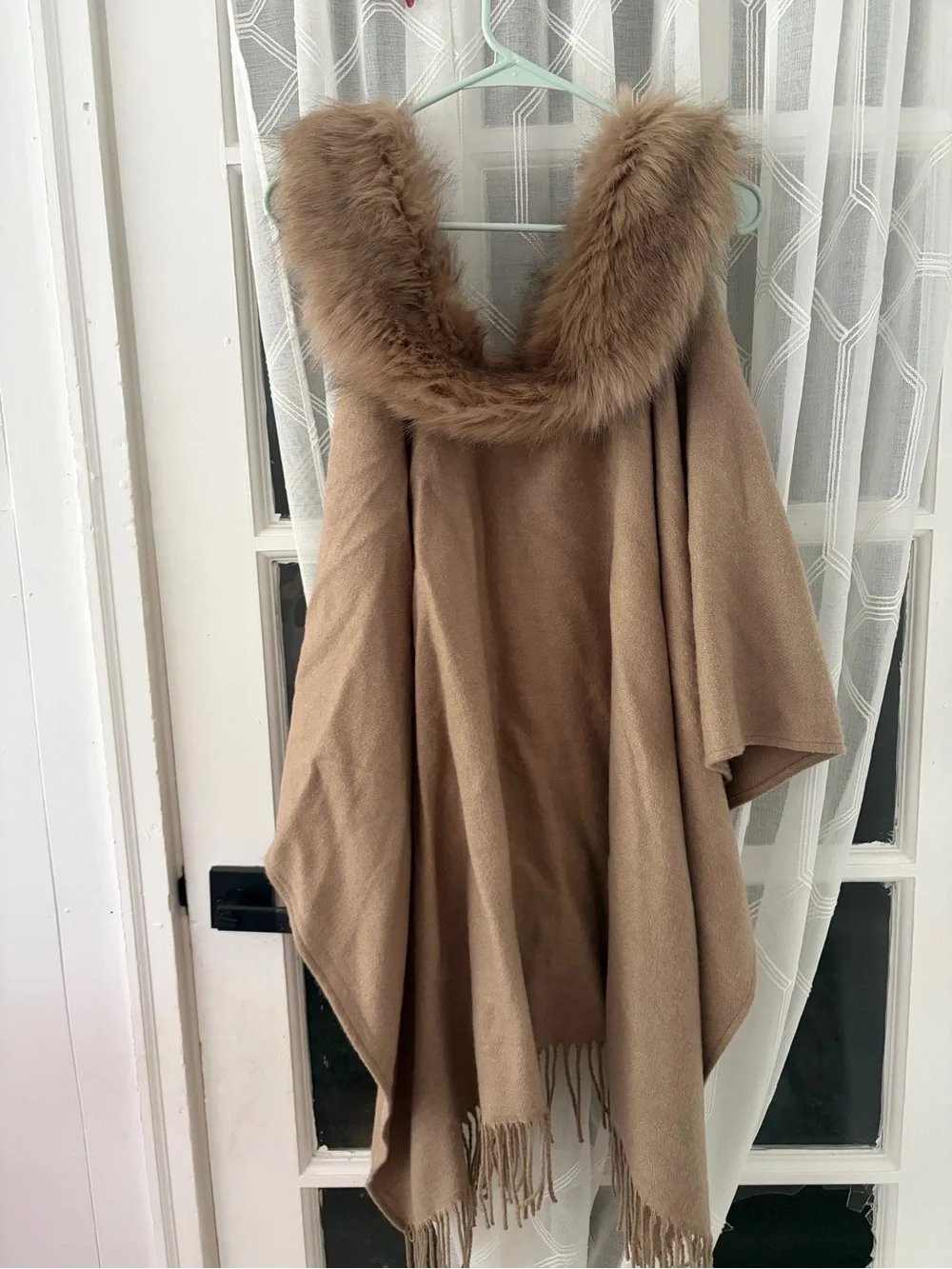 Talbots Camel Fringe Poncho with Faux Fur Collar